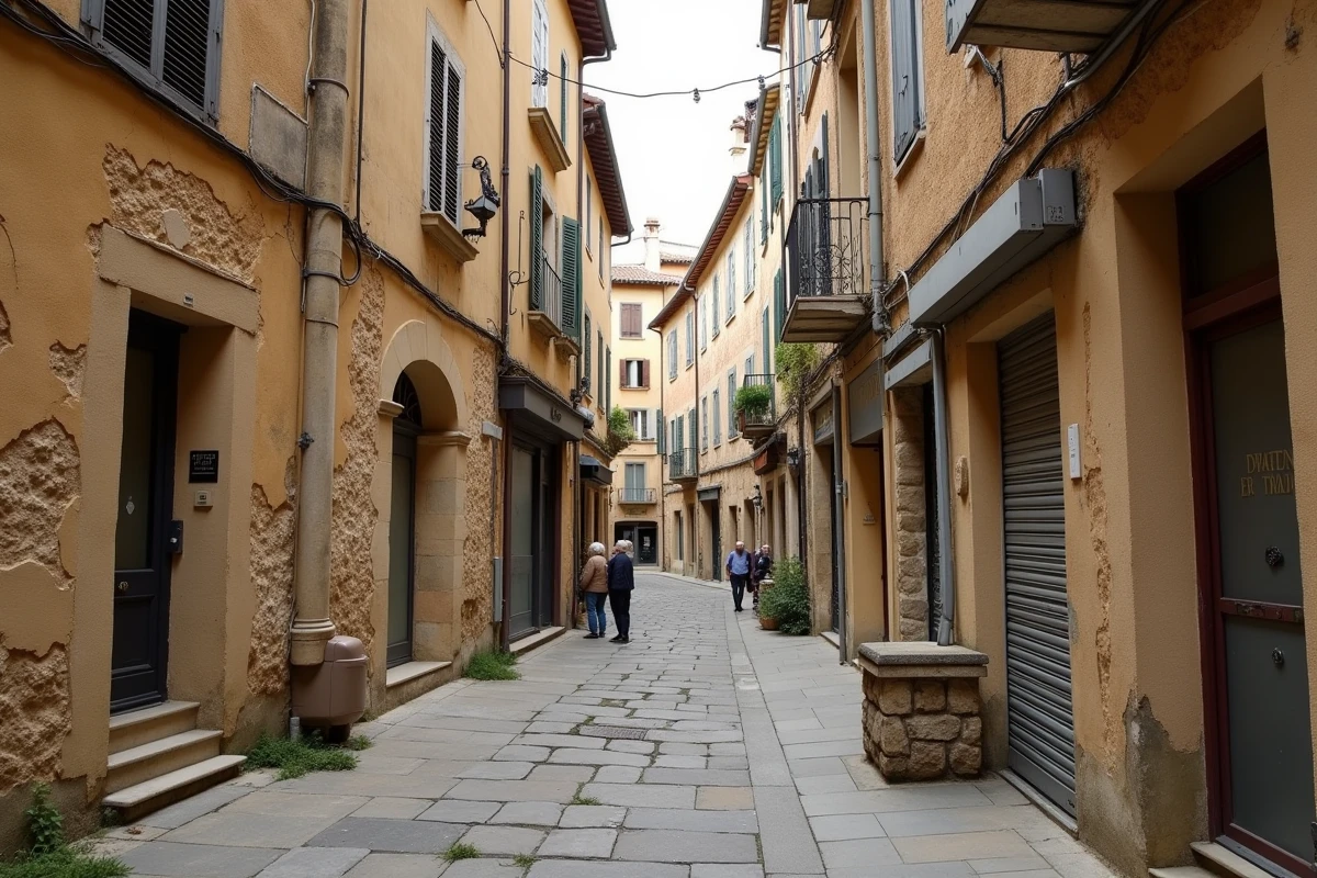 Rue m&eacute;di&eacute;vale en pente du centre ancien de B&eacute;ziers avec fa&ccedil;ades en pierre d&eacute;labr&eacute;es et commerces ferm&eacute;s