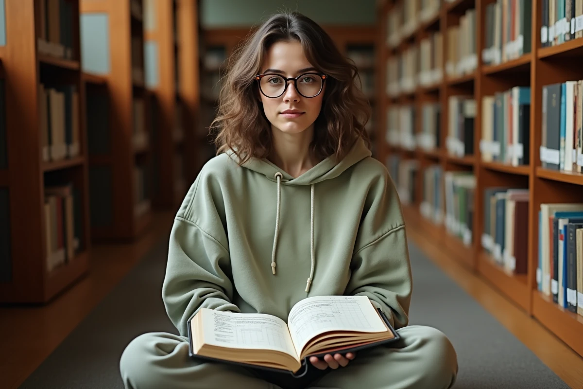 Jeune femme assise dans une biblioth&egrave;que avec un cahier d'analyse linguistique structur&eacute;e par &eacute;tapes