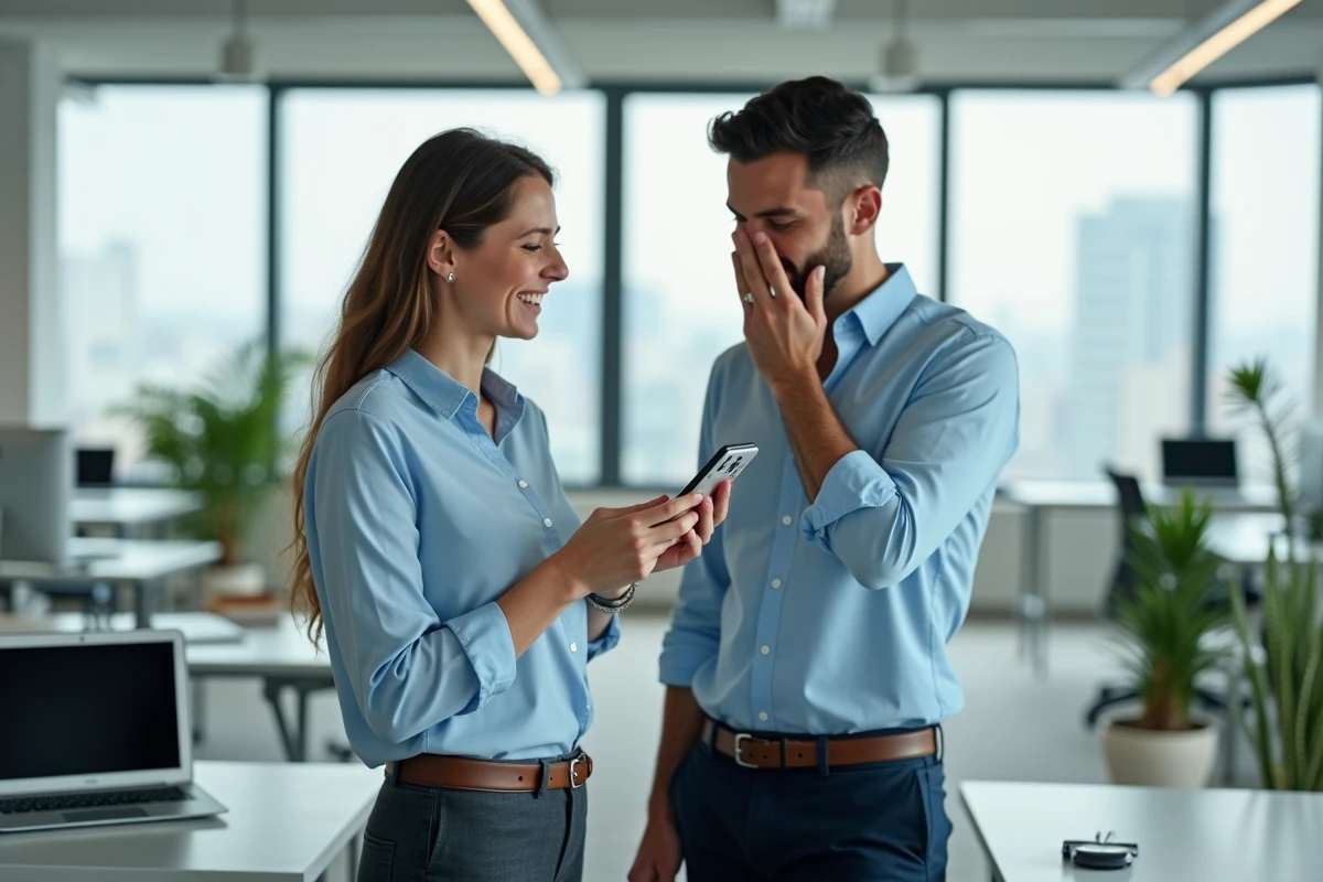 Femme partageant une blague nulle sur smartphone avec un collègue réticent dans un bureau moderne, tendance humour absurde 2026