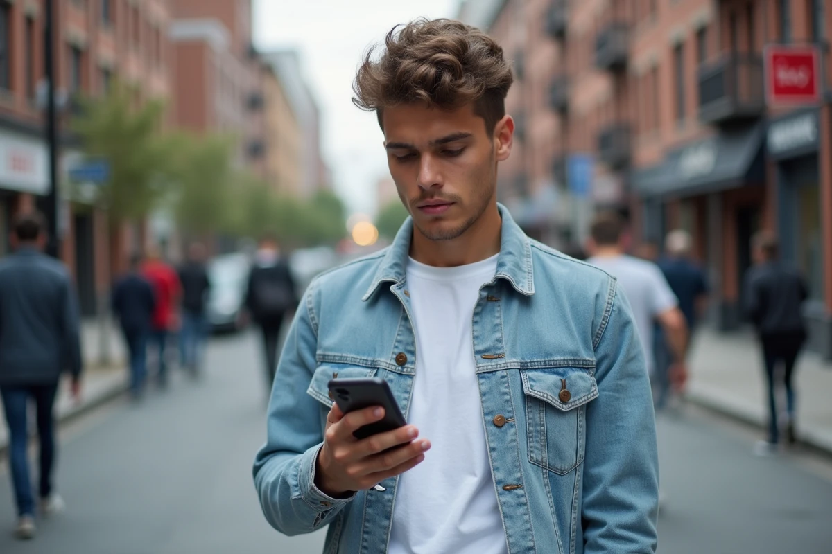 Jeune personne bloquant un num&eacute;ro de t&eacute;l&eacute;phone inconnu et malveillant dans une rue urbaine