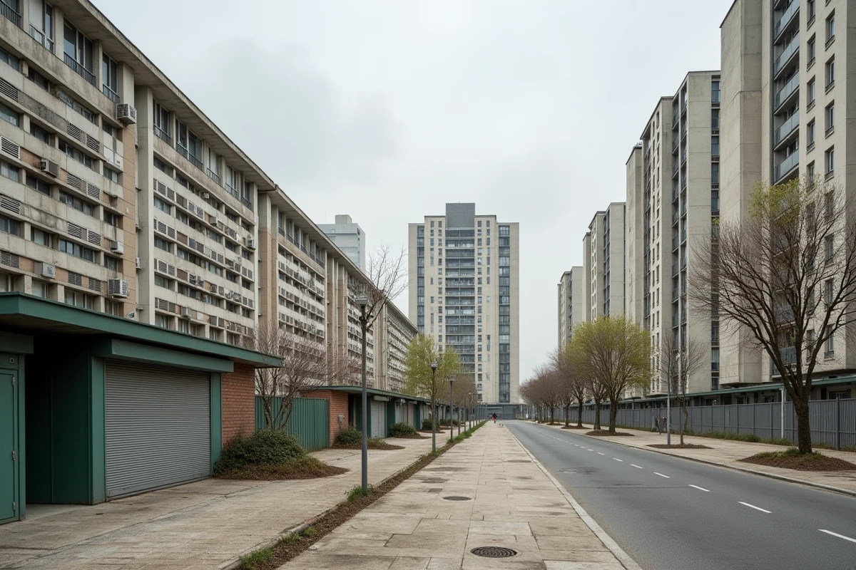 Cit&eacute; des Aubiers &agrave; Bordeaux avec tours de logements modernistes et promenade pi&eacute;tonne vieillissante