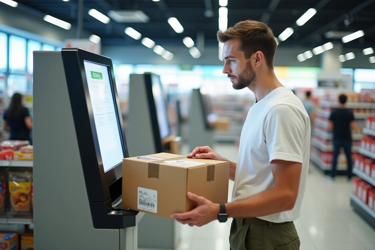 Jeune homme utilisant une borne de dépôt automatique pour envoyer un colis Mondial Relay en magasin