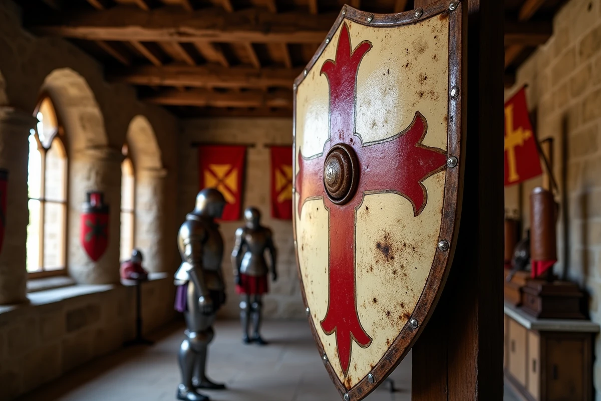 Bouclier de chevalier templier avec croix patt&eacute;e expos&eacute; dans une salle d'exposition historique m&eacute;di&eacute;vale