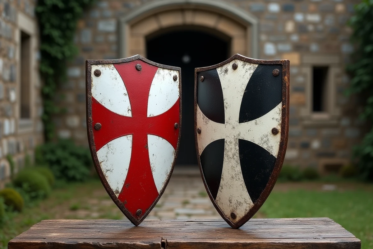 Deux boucliers médiévaux représentant la croix templière et la croix de Malte posés sur une table en bois dans une cour de château