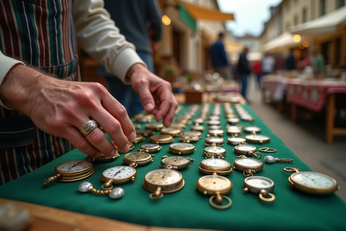 Mains d'un vendeur arrangeant des montres de gousset et objets anciens sur une table de brocante dans les Yvelines