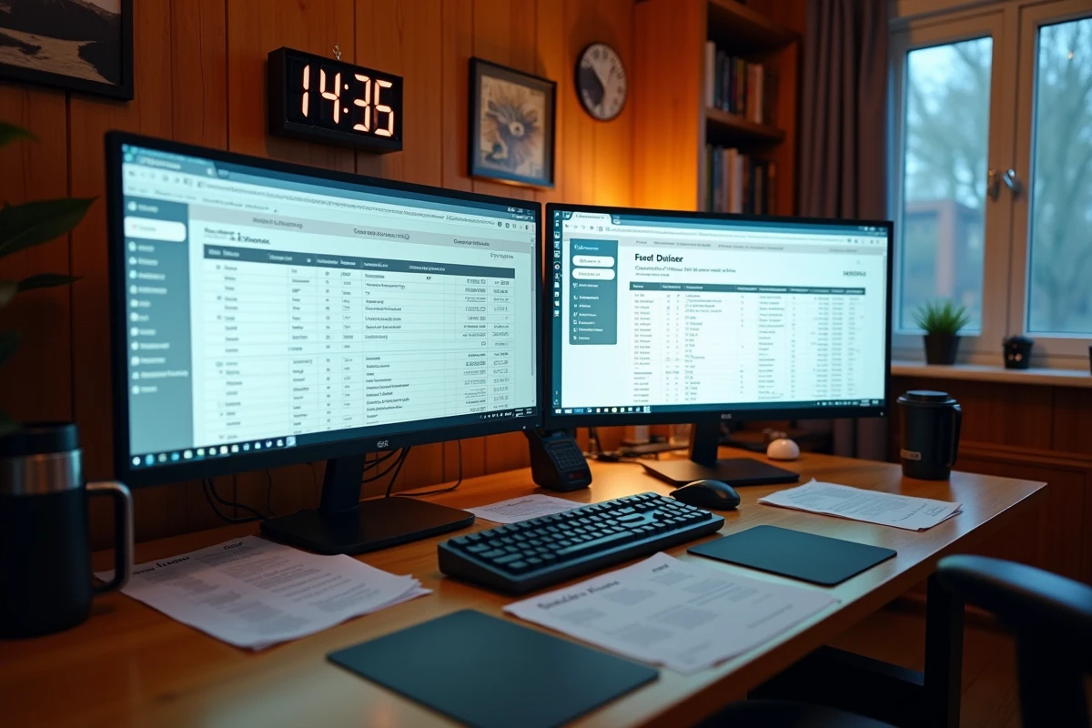 Bureau à domicile avec deux écrans montrant des outils gratuits de conversion automatique d'heures AM PM en format 24 heures