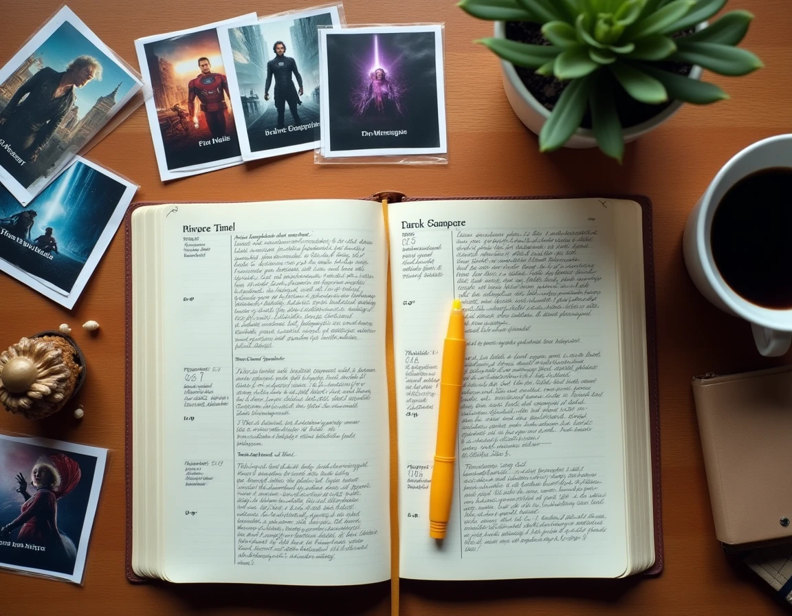 Vue a&eacute;rienne d'un bureau avec des notes manuscrites et des affiches de films Marvel dispos&eacute;es en ordre chronologique pour cr&eacute;er une frise visuelle