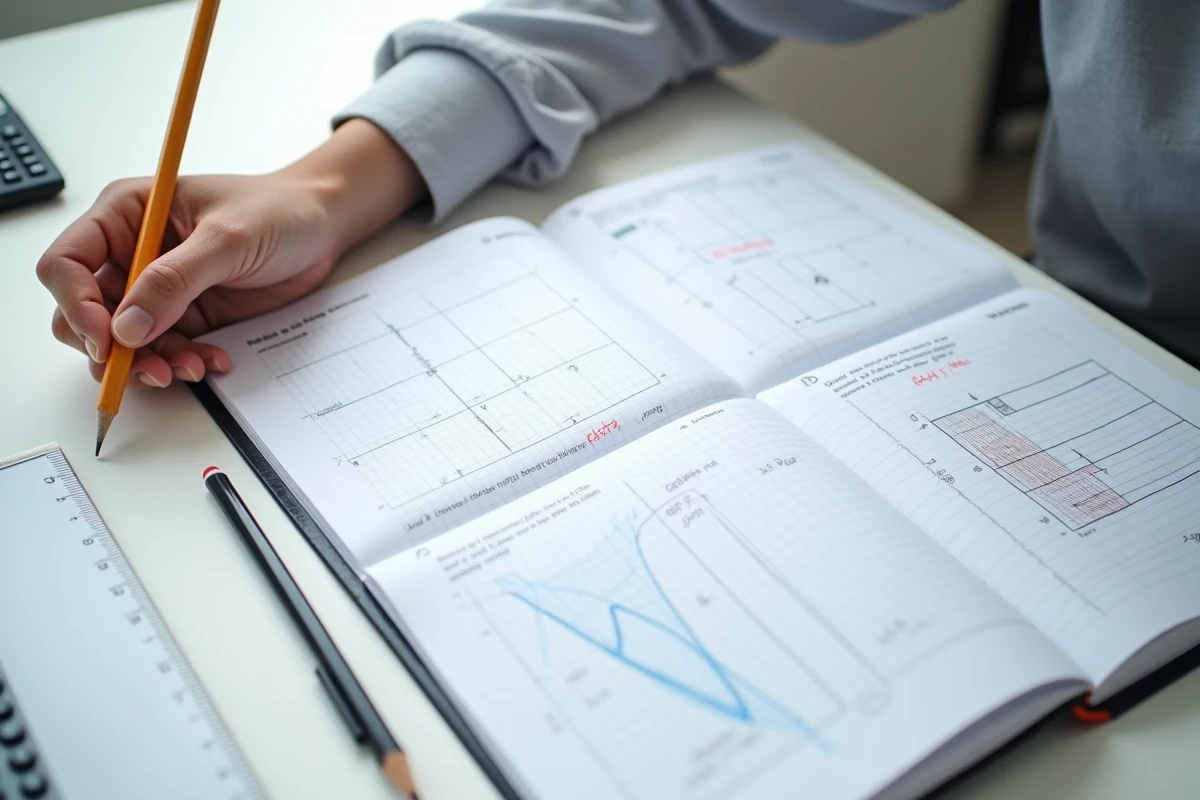 Gros plan d'un cahier de physique ouvert avec des exercices de champ &eacute;lectrique annot&eacute;s &agrave; la main, une calculatrice scientifique et une r&egrave;gle sur un bureau &eacute;tudiant