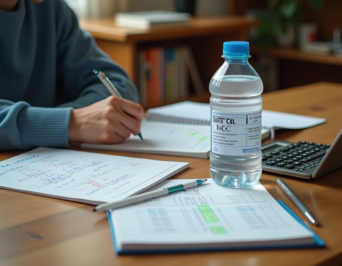 &Eacute;tudiant effectuant des calculs de conversion 5L en ml &agrave; la main sur un cahier avec calculatrice et bouteille de r&eacute;f&eacute;rence