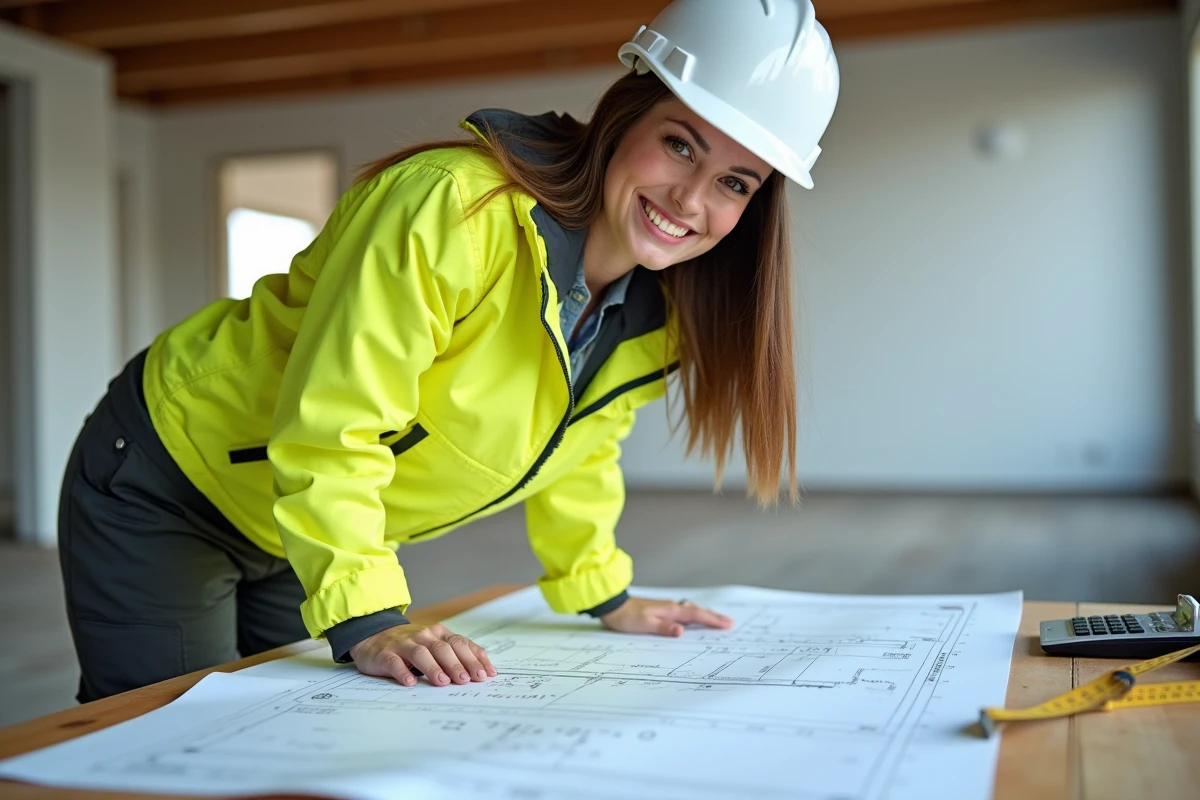 Professionnelle du bâtiment calculant le pourcentage et les degrés de pente sur des plans de toiture