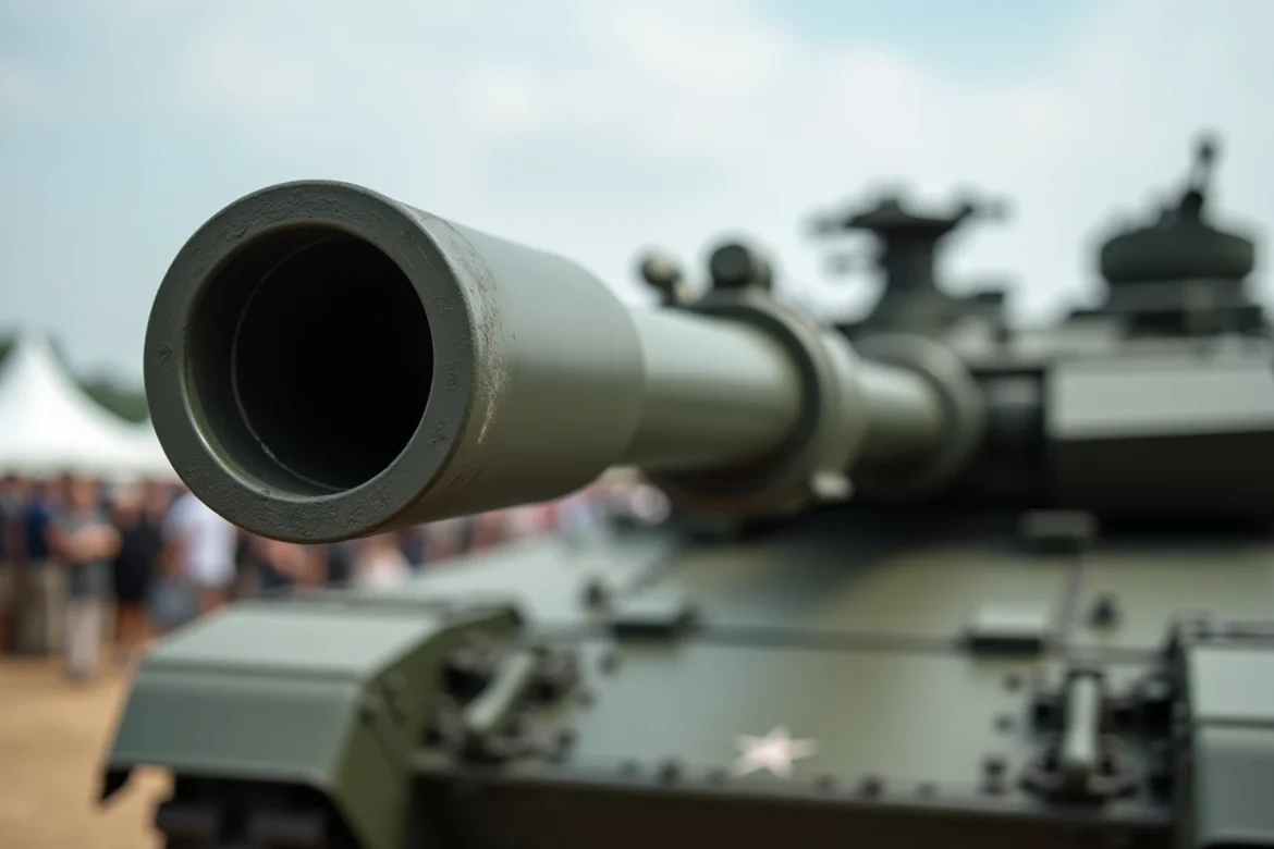 Détail du canon lisse 120 mm du char M1A1 Abrams lors d'une exposition militaire