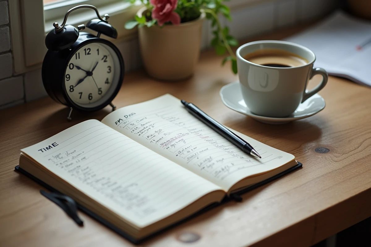 Carnet de notes sur la signification de AM et PM pos&eacute; avec une horloge r&eacute;tro et une tasse d'espresso sur une table en bois