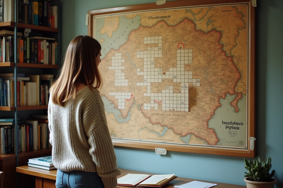 Femme &eacute;tudiant une carte de Belgique avec une grille de mots crois&eacute;s pour trouver des villes &agrave; quatre lettres