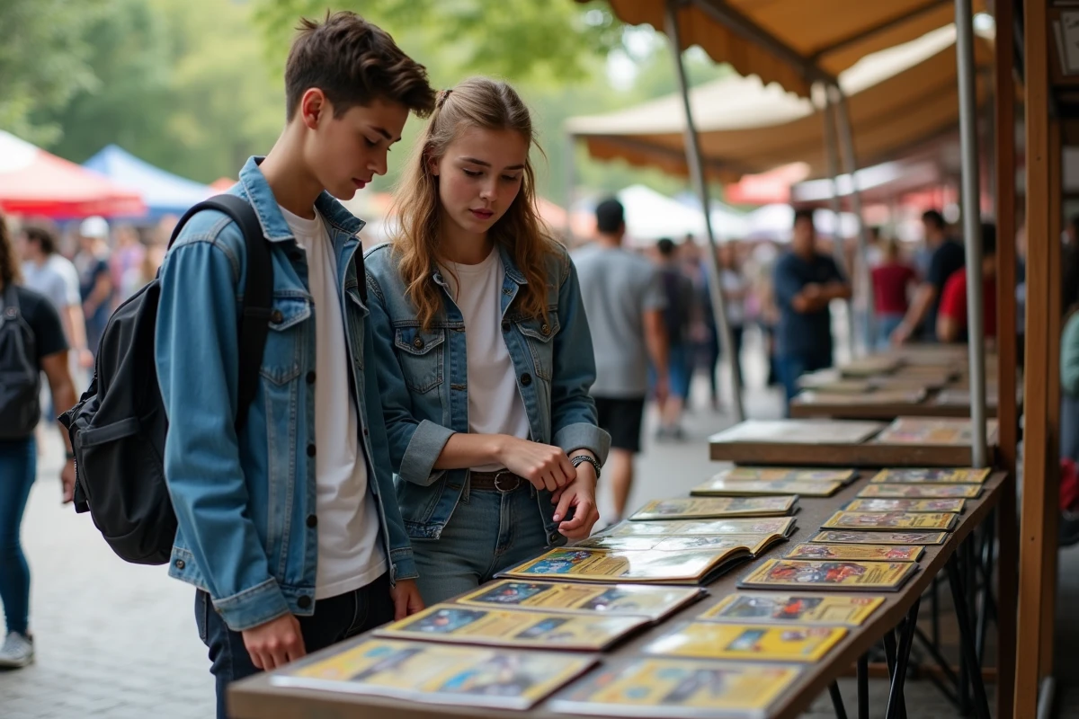 Deux amis d&eacute;couvrant des cartes Pok&eacute;mon sur un stand de march&eacute; aux puces lors d'une p&eacute;nurie en 2026
