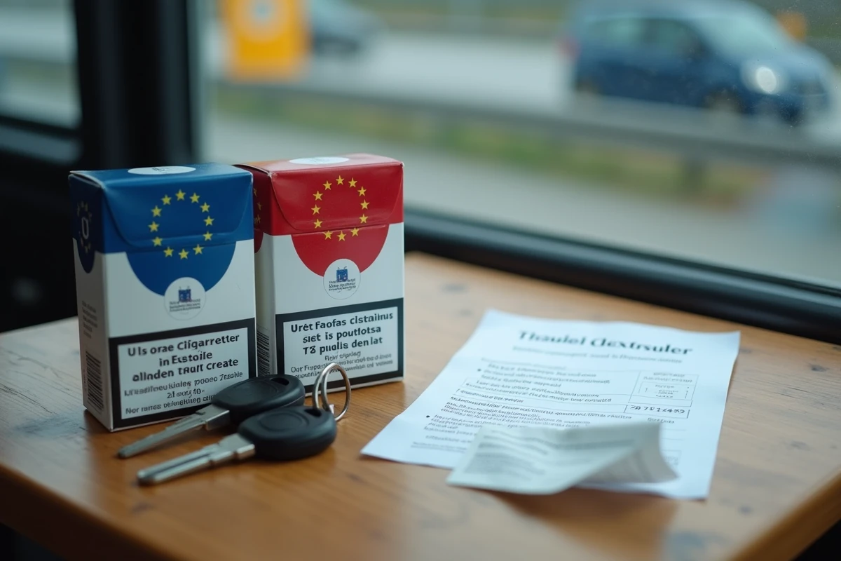 Cartouches de cigarettes belges posées avec une brochure douanière française et des clés de voiture, illustrant les limites légales d'importation de tabac de Belgique vers la France