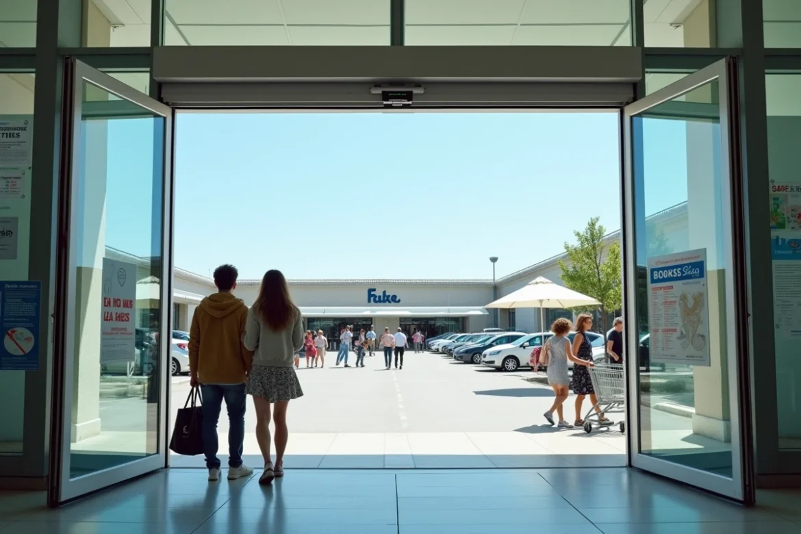 Entr&eacute;e d'un centre commercial ouvert le dimanche &agrave; Montpellier avec couples et familles faisant leurs courses en fin de semaine
