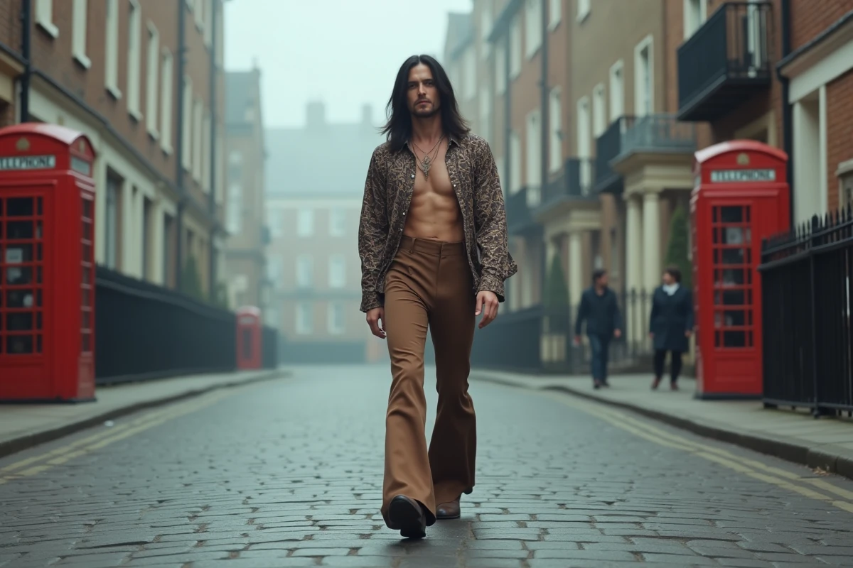 Chanteur rock anglais des années 70 en tenue rétro marchant dans une rue pavée d'une ville britannique emblématique