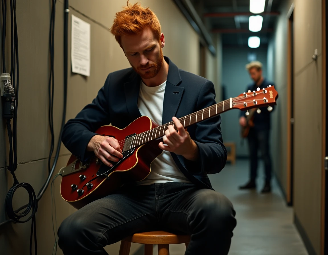 Chanteur roux d'âge mûr accordant sa guitare électrique en coulisses avant un concert