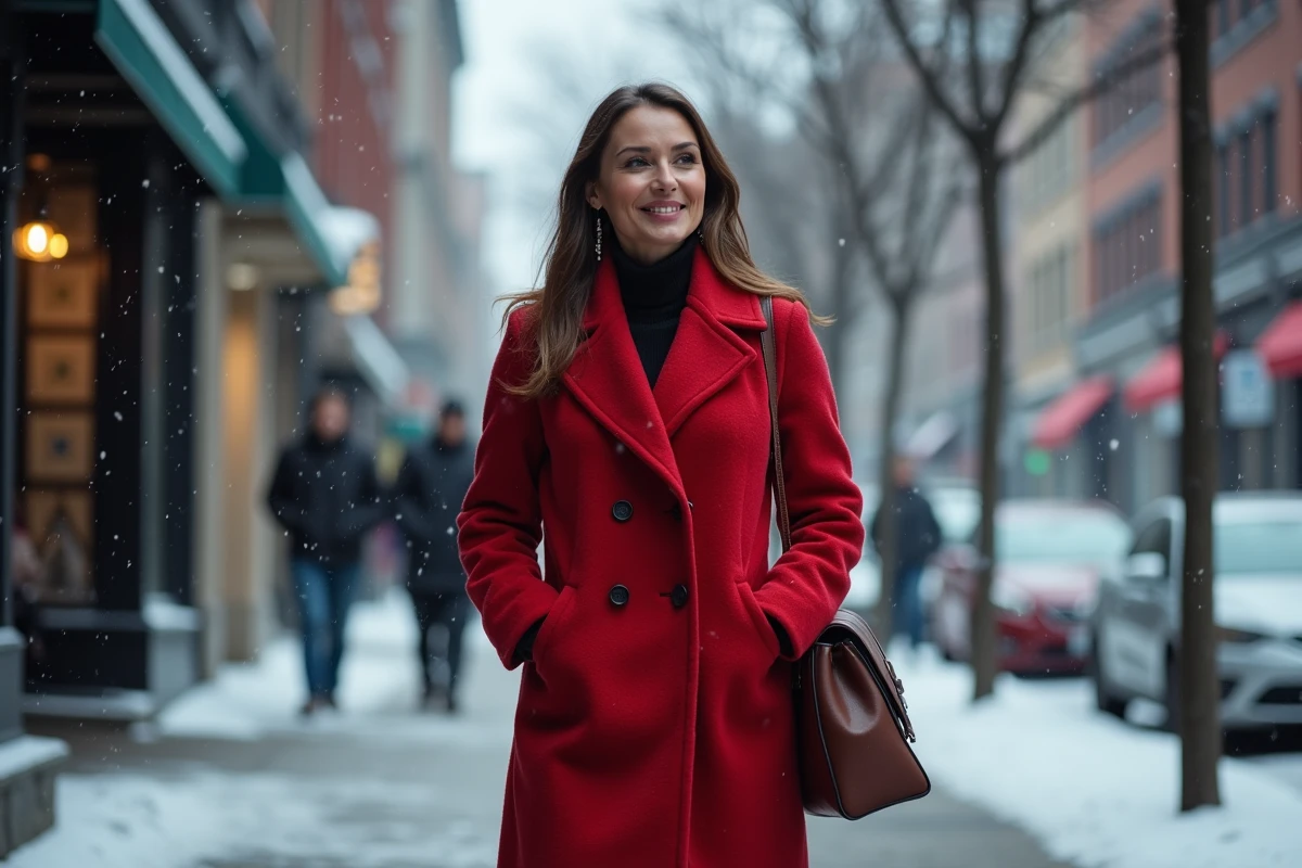 Chanteuse canadienne populaire marchant dans une rue enneig&eacute;e de Montr&eacute;al en manteau rouge