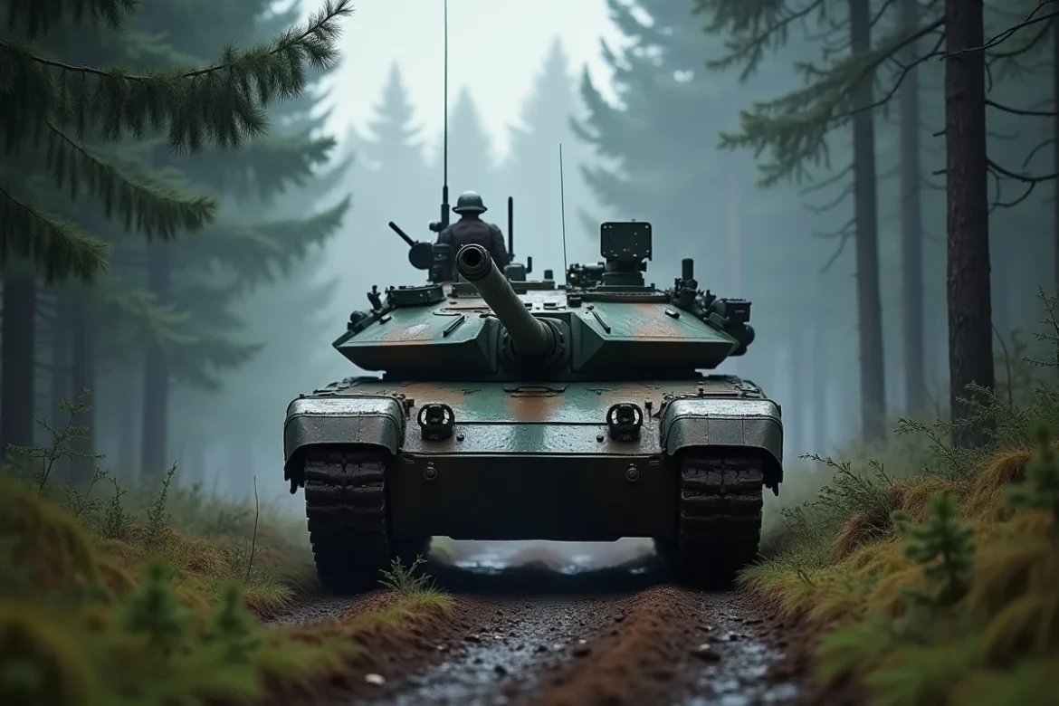 Char de combat M1A1 Abrams progressant dans une forêt européenne brumeuse et boueuse