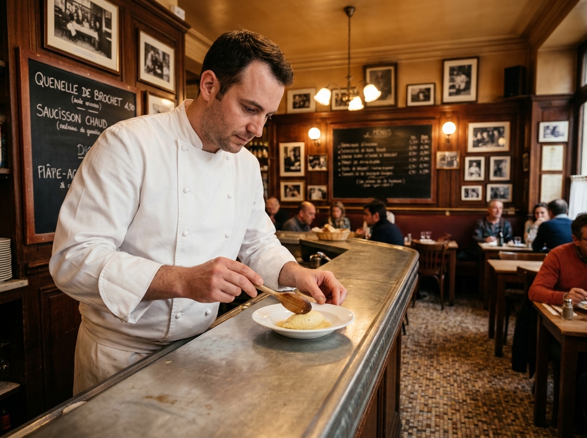 Chef lyonnais dressant une quenelle de brochet dans un bouchon traditionnel au décor authentique