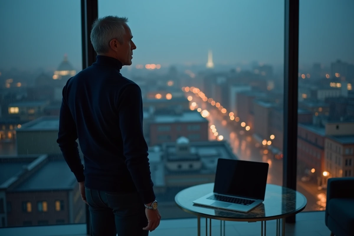 Chef criminel myst&eacute;rieux contemplant la ville la nuit depuis une fen&ecirc;tre de penthouse moderne