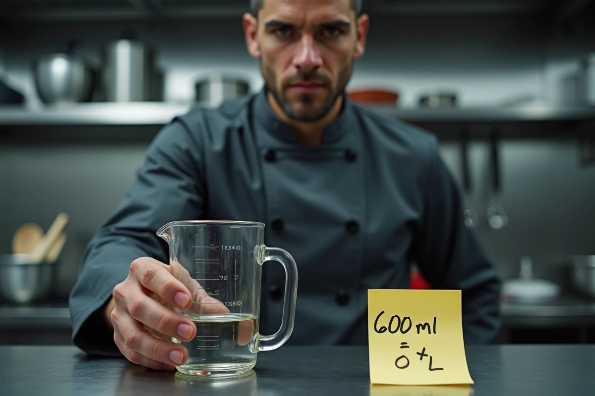 Chef cuisiner mesurant 600 ml d'eau avec un pichet gradué et une note de conversion en cuisine professionnelle