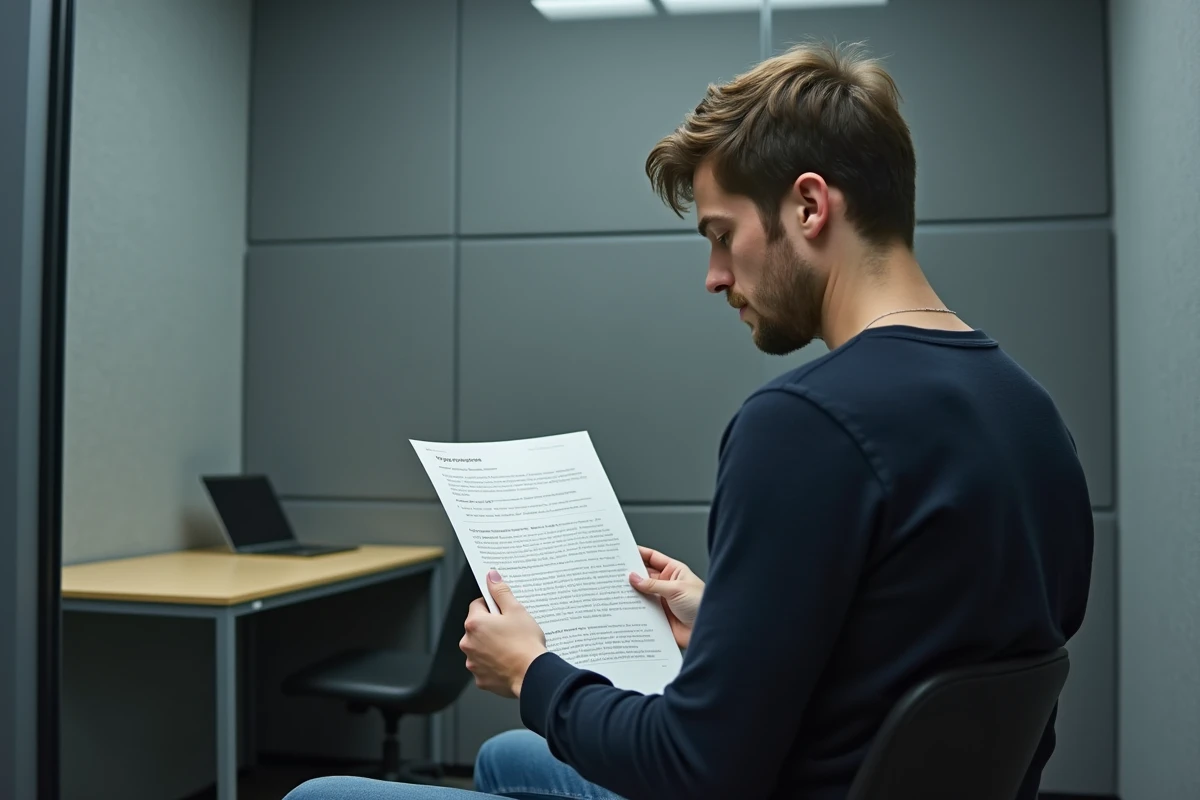 Chercheur UX lisant un rapport d'&eacute;tude sur la lisibilit&eacute; des typographies dans un laboratoire de test utilisateur aux murs gris neutres