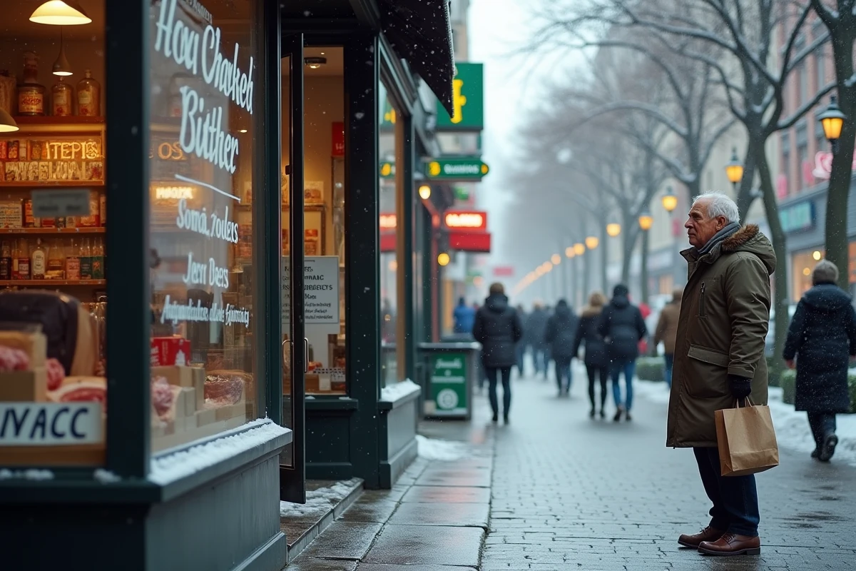 Homme h&eacute;sitant devant un petit commerce artisanal et une grande enseigne commerciale ouverts le dimanche matin en d&eacute;cembre dans une rue commer&ccedil;ante