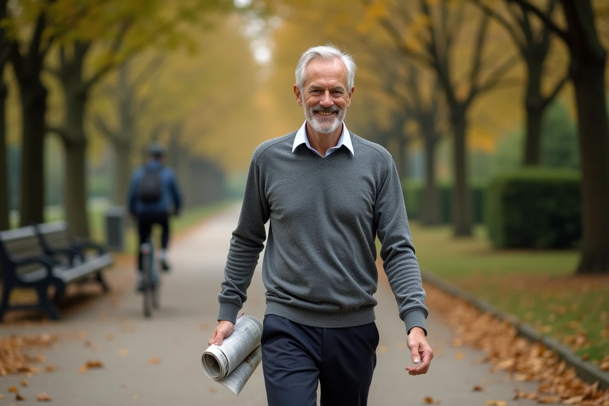 Homme aux cheveux argent&eacute;s se promenant dans un parc urbain fran&ccedil;ais en automne avec journal sous le bras