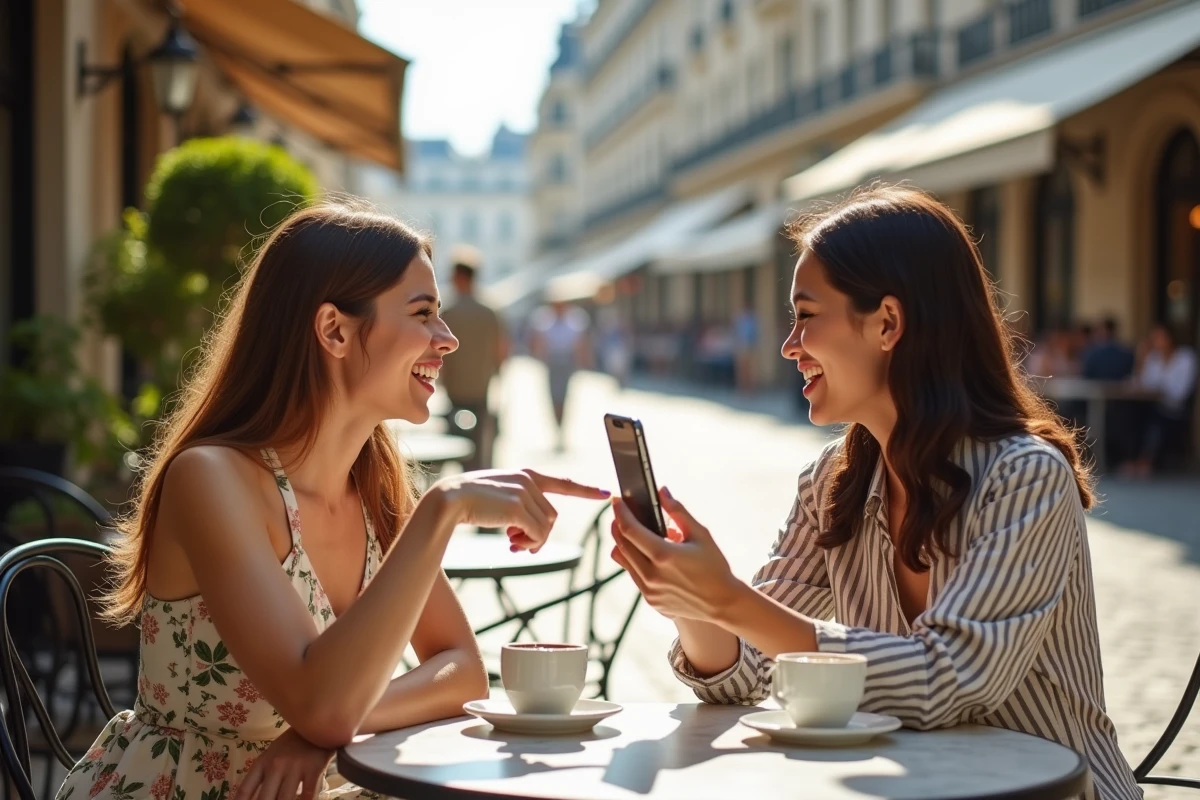Deux amies dans un café parisien partageant une citation musicale sur Instagram depuis un smartphone