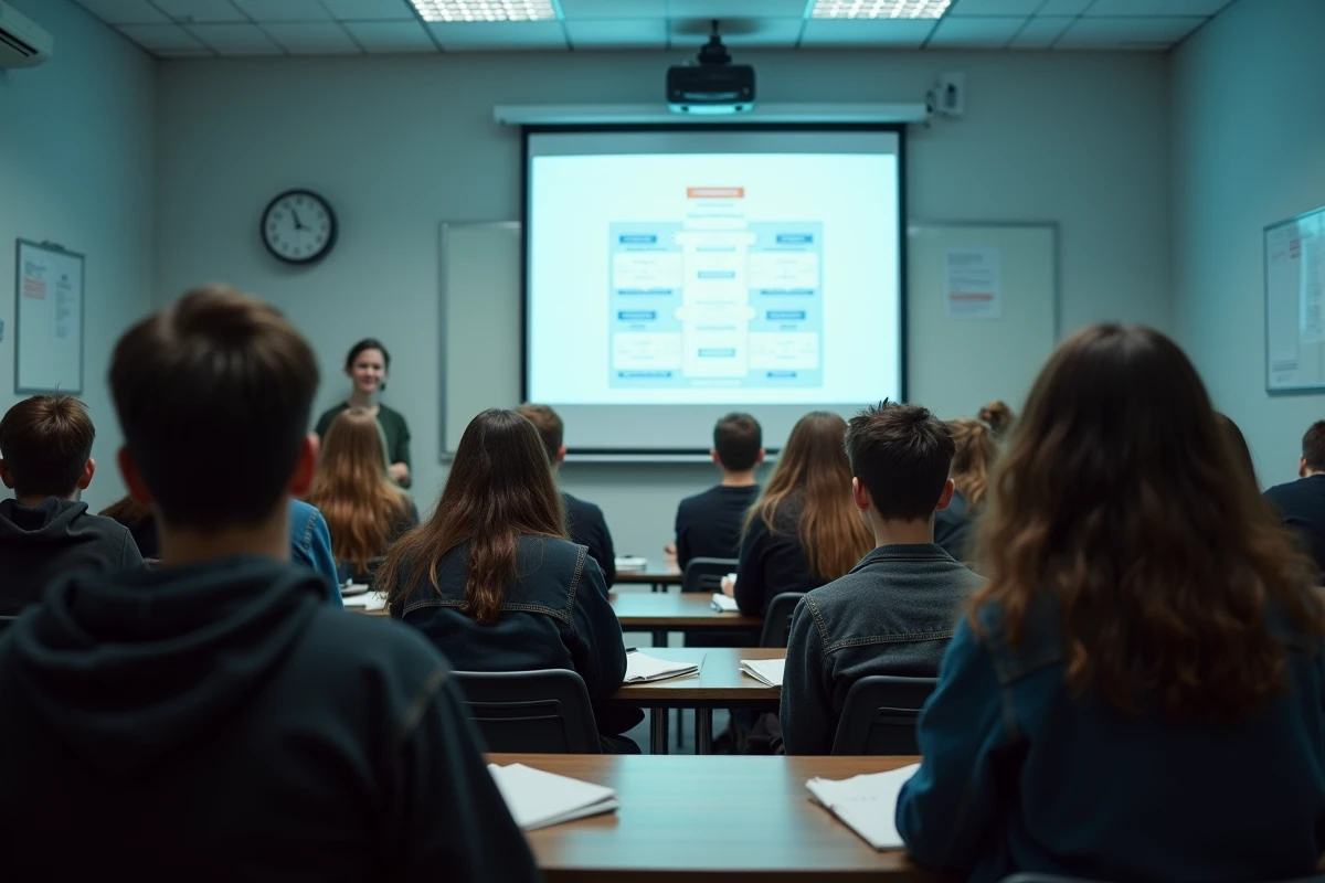 Classe de lyc&eacute;e regardant une pr&eacute;sentation projet&eacute;e sur la structure administrative f&eacute;d&eacute;rale de l'Allemagne
