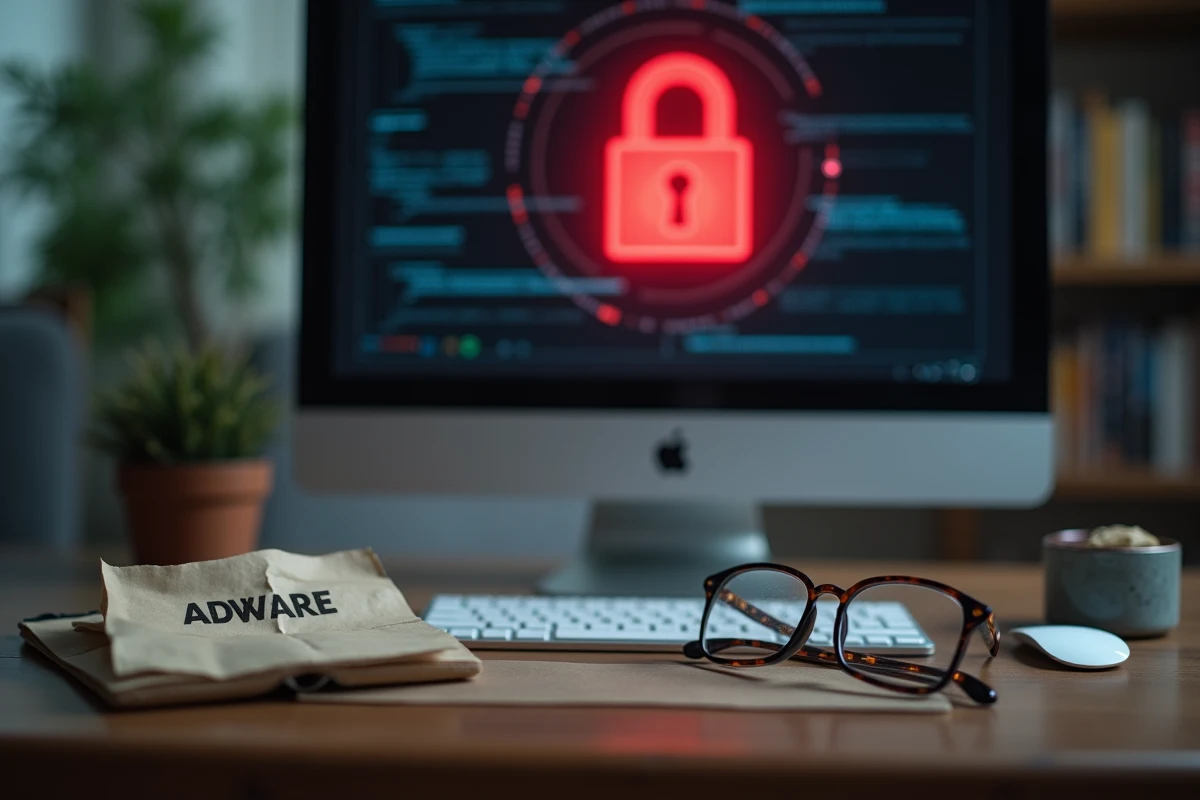 Gros plan d'un clavier et d'un &eacute;cran affichant une ic&ocirc;ne de cadenas rouge, symbolisant les risques d'adware, de tra&ccedil;age et de virus cach&eacute;s sur des sites de streaming ill&eacute;gaux comme Hiperdex