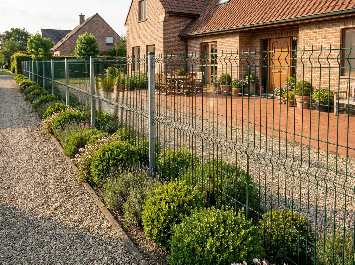Clôture rigide en panneaux de grillage installée le long du périmètre d'un jardin résidentiel avec maison en arrière-plan