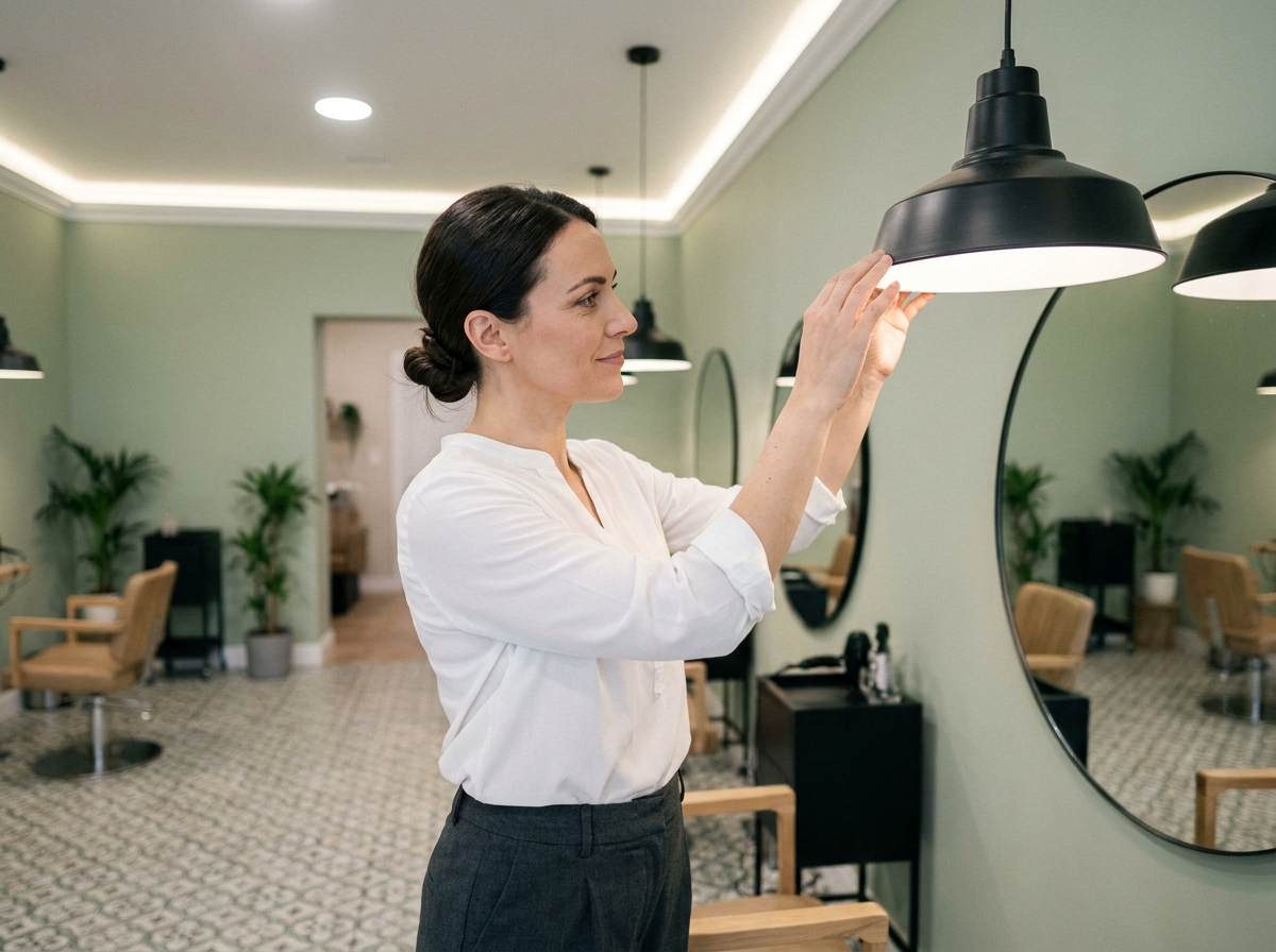 Coiffeuse ajustant une lampe design dans un salon de coiffure r&eacute;nov&eacute; aux murs vert sauge