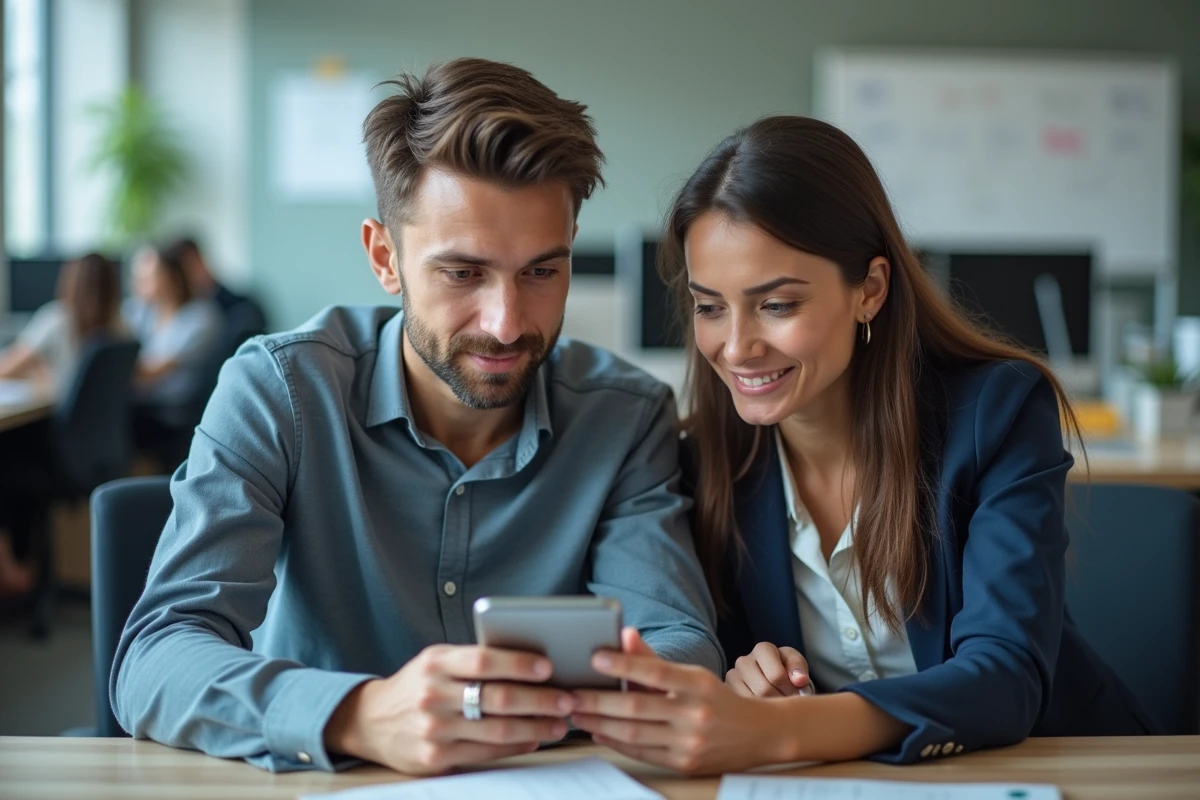Deux collègues consultant un smartphone ensemble au bureau, illustrant une interrogation sur l'orthographe correcte en français dans les messages