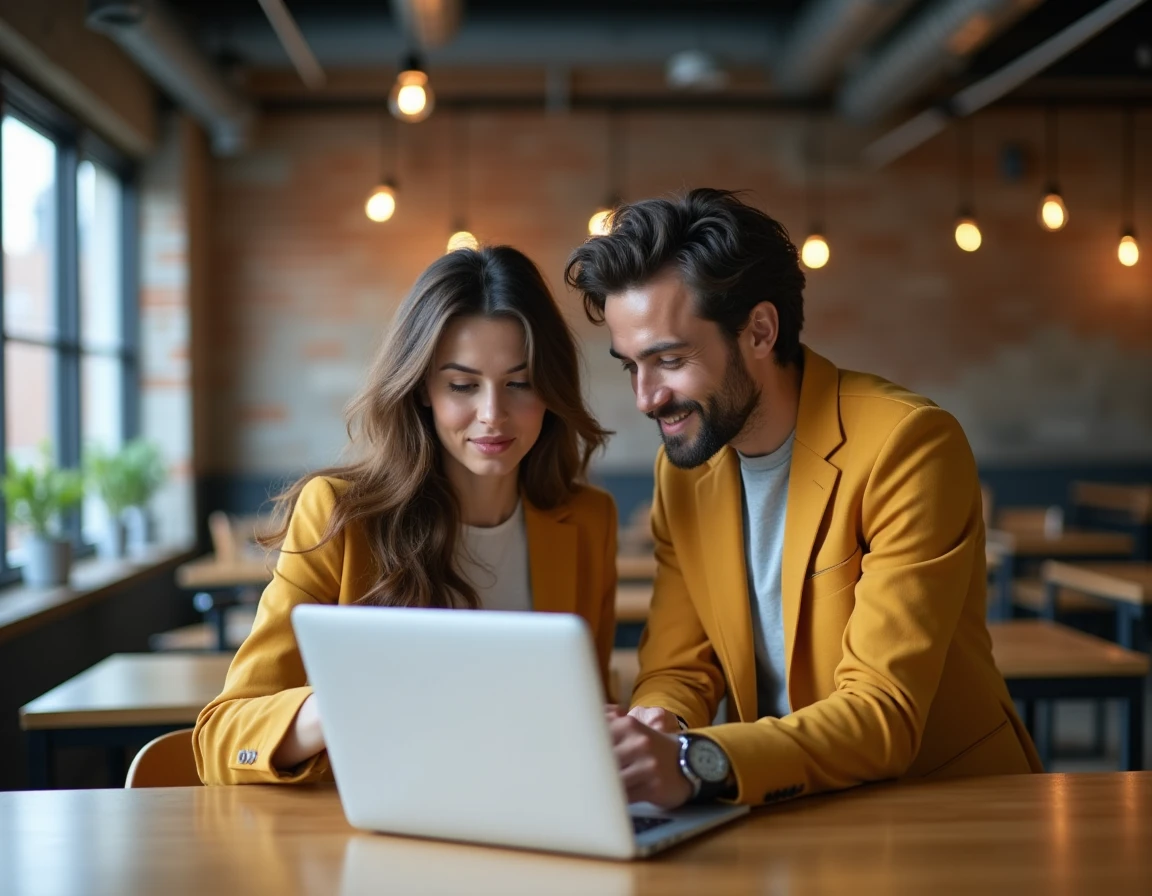 Deux coll&egrave;gues collaborant autour d'un ordinateur portable pour partager des fichiers efficacement dans un espace de coworking moderne