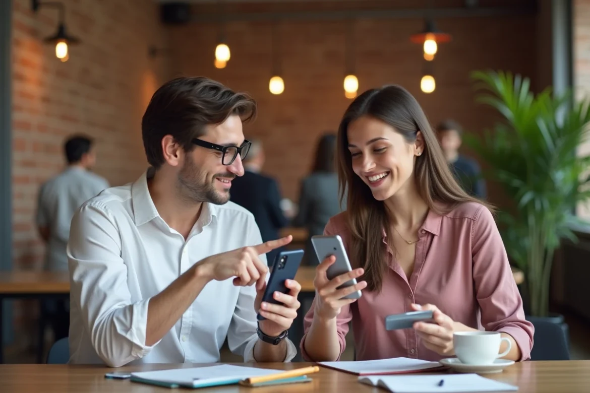 Deux coll&egrave;gues d&eacute;couvrant ensemble comment mettre du texte en italique sur WhatsApp dans un espace de coworking