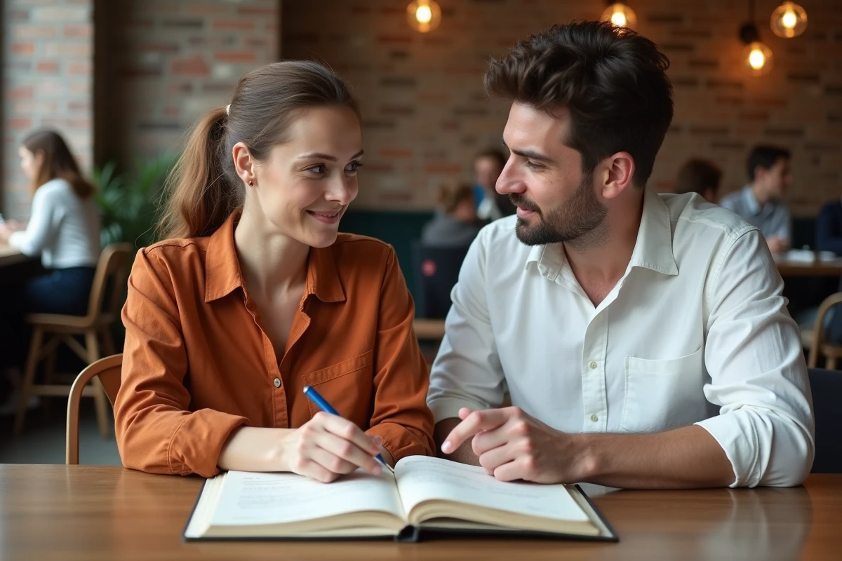 Deux coll&egrave;gues discutant de la signification d'un terme paradigmatique autour d'un cahier de notes dans un caf&eacute;