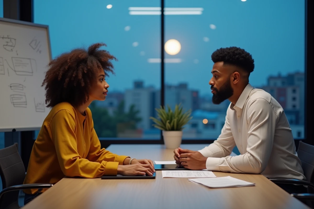 Deux coll&egrave;gues en r&eacute;union professionnelle nocturne sous la pleine lune de novembre, collaboration strat&eacute;gique et gestion des opportunit&eacute;s sans &eacute;puisement