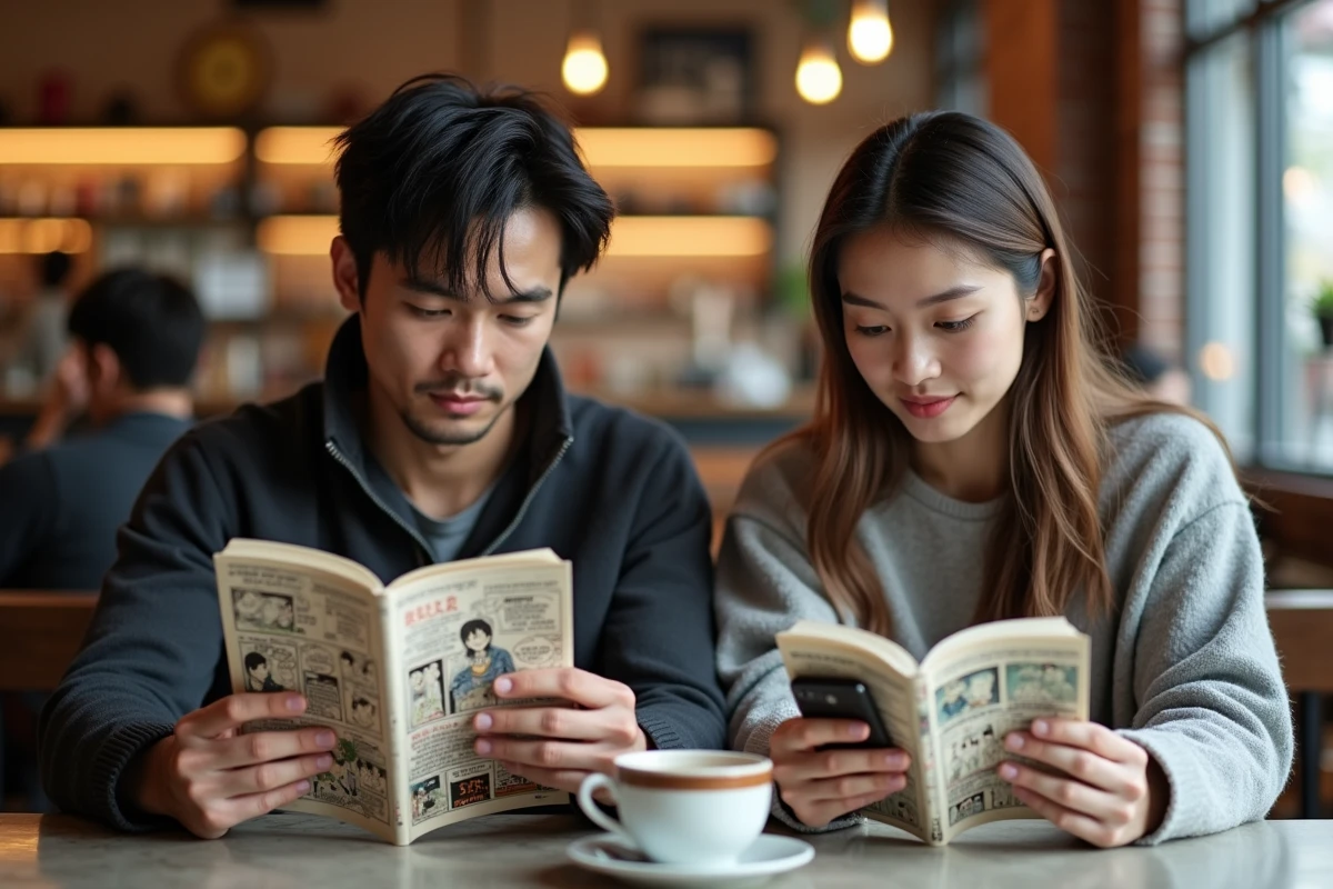 Deux adultes comparant la lecture de manga en version papier et num&eacute;rique dans un caf&eacute; urbain
