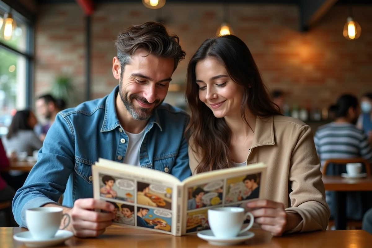 Deux lecteurs comparant une version originale et une version fran&ccedil;aise d'un chapitre de One Piece dans un caf&eacute;