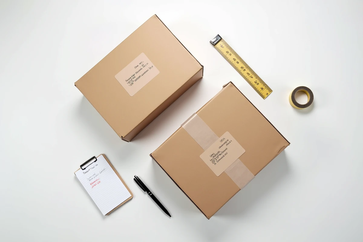 Vue a&eacute;rienne de trois colis carton de diff&eacute;rentes tailles avec &eacute;tiquettes d'exp&eacute;dition et m&egrave;tre ruban, guide dimensions Mondial Relay