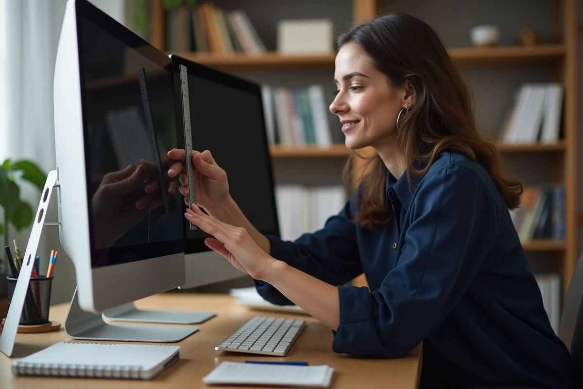 Femme comparant deux écrans d'ordinateur de tailles différentes avec une règle pour mesurer la diagonale en centimètres