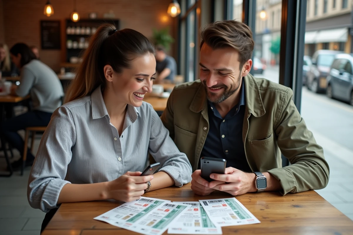 Deux amis comparant des billets de concert sur une table de caf&eacute; pour trouver la meilleure plateforme de revente sans frais