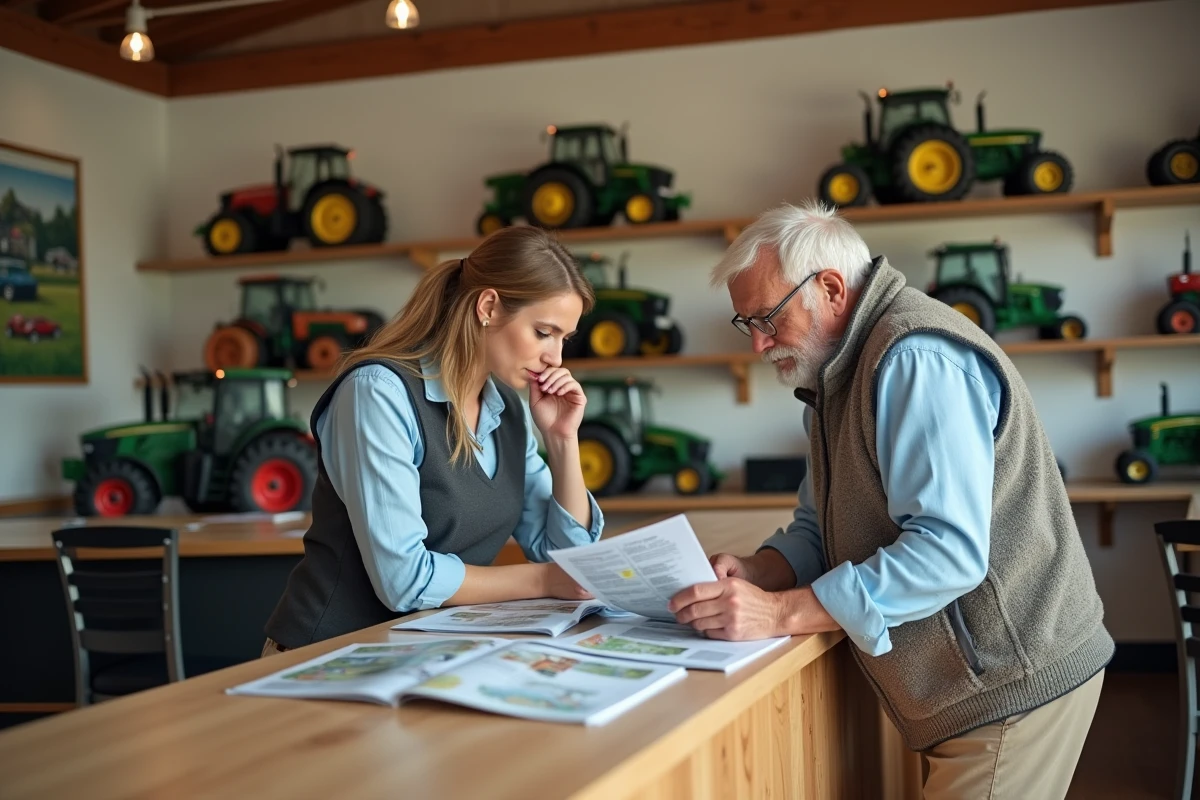 Conseillère agricole et agriculteur consultant un catalogue de matériels agricoles dans une concession rurale