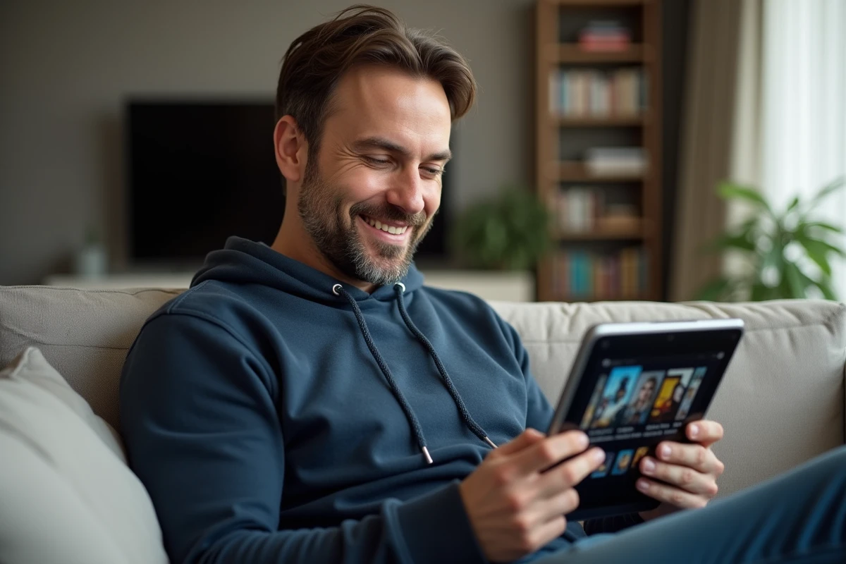 Homme consultant un site de films sur tablette dans un salon moderne