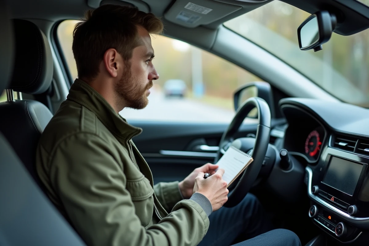 Jeune homme notant une conversion de miles en kilom&egrave;tres en regardant le compteur kilom&eacute;trique d'une voiture