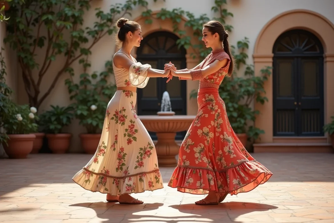 Deux femmes pratiquant la Sevillana dans un patio andalou, l'instructrice corrigeant les erreurs de mouvements de bras de la d&eacute;butante