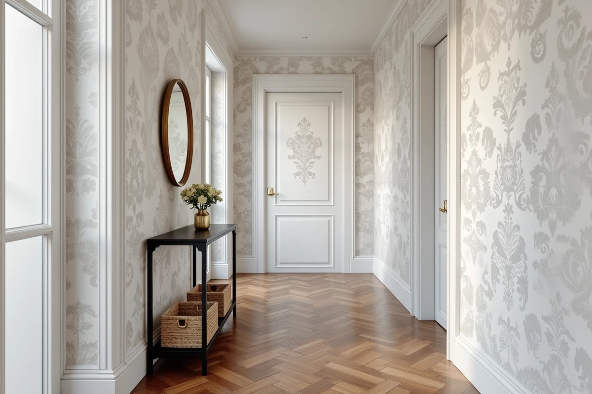 Couloir parisien avec papier peint blanc damass&eacute; et console noire, &eacute;l&eacute;gance intemporelle pour 2026
